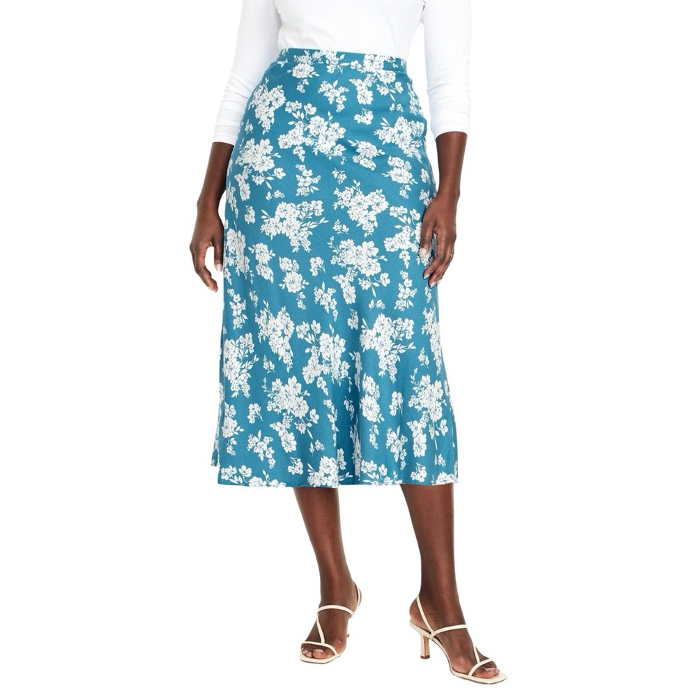 NWOT Old Navy Teal Floral Crepe A-Line Midi Slip Skirt